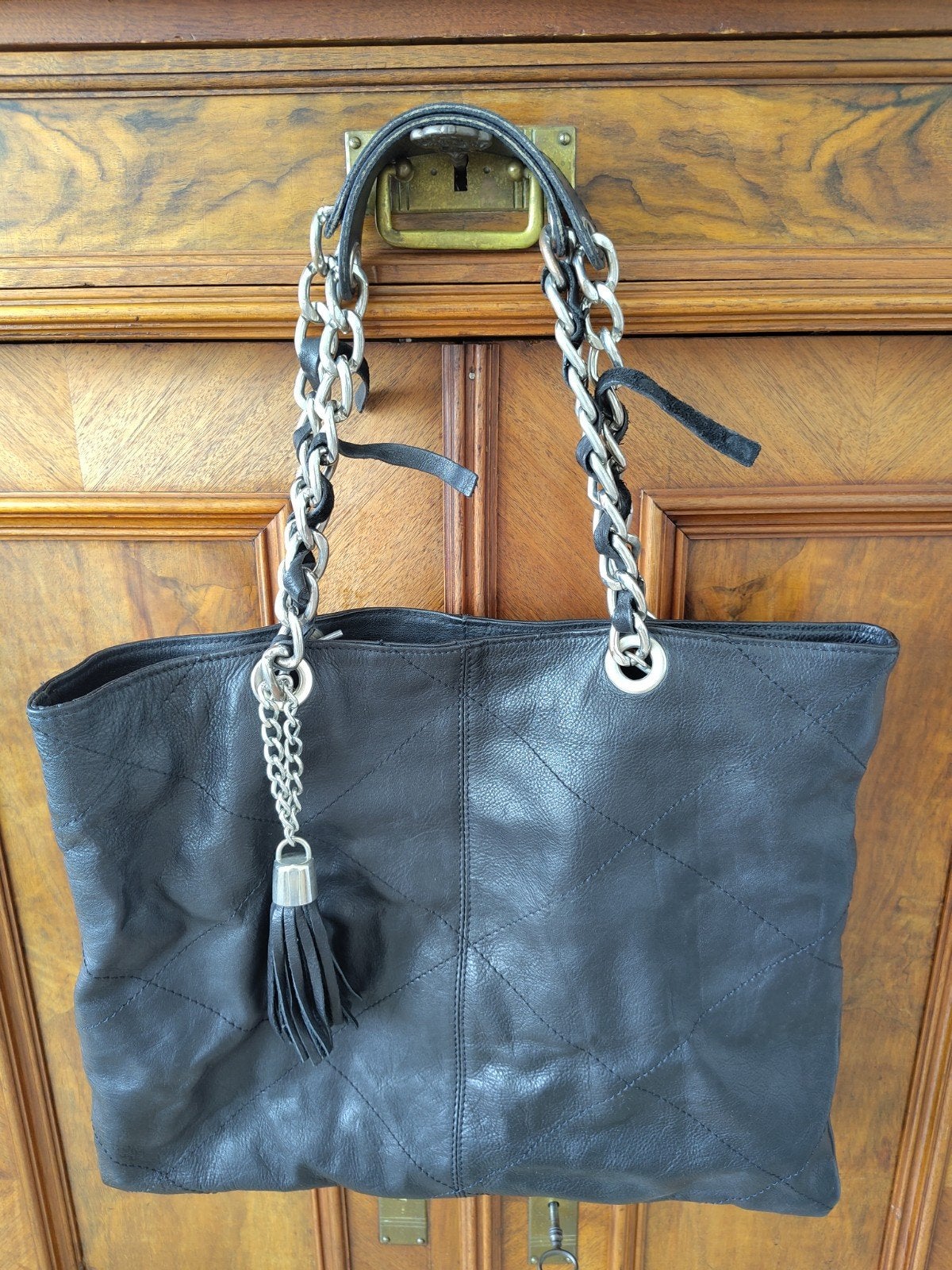 Zwarte leren shopper met kettinghengels, Verzenden, Gebruikt, Zwart, Shopper