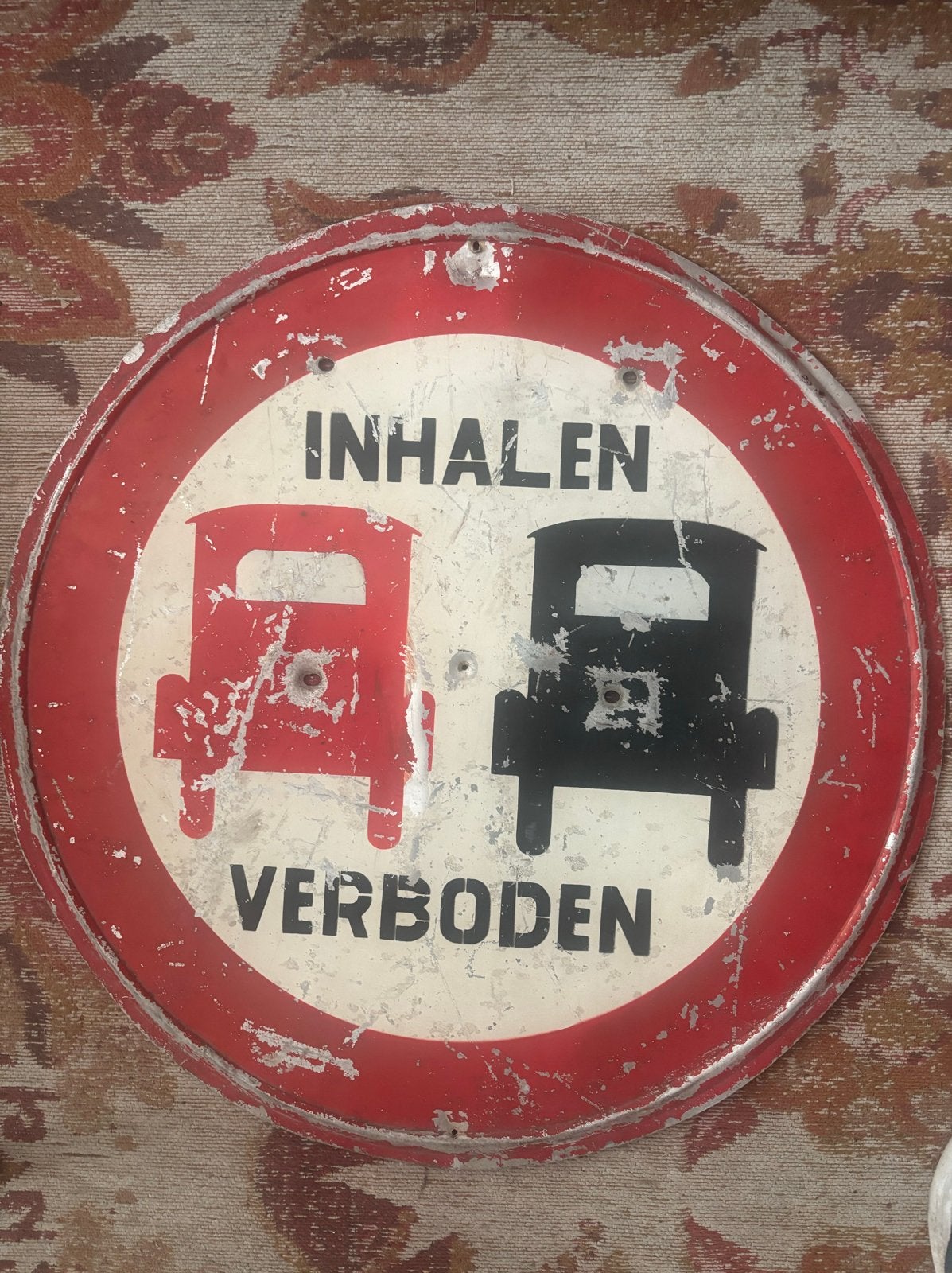 Oud blikken verkeersbord inhaalverbod - Vooroorlogs, Ophalen of Verzenden, Gebruikt