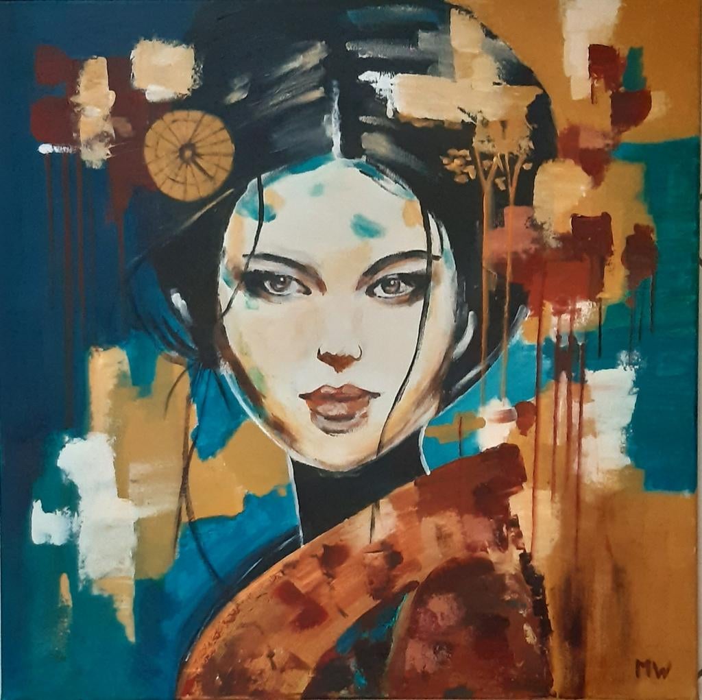 Japanse Geisha  60 x 60 cm, Antiek en Kunst, Kunst | Schilderijen | Modern, Ophalen of Verzenden