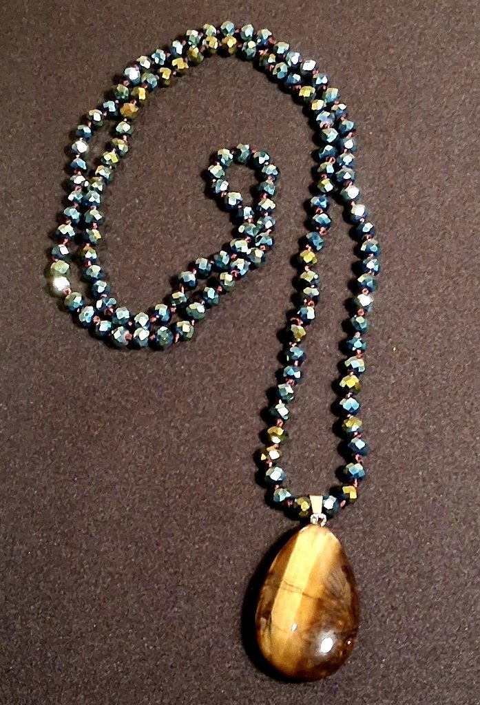 mooie ketting groene facet kralen en grote tijgeroog hanger, Bruin, Nieuw, Ophalen of Verzenden, Steen of Mineraal