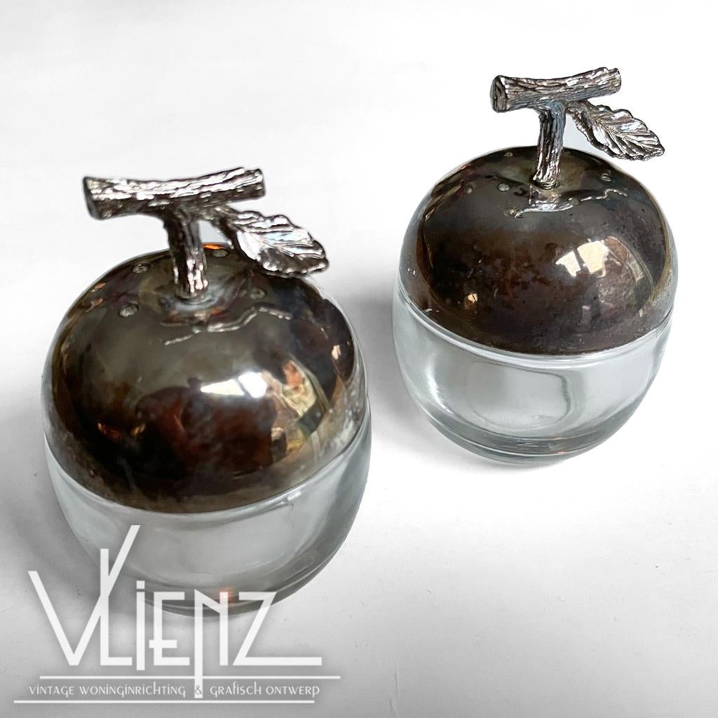 Vintage, brocante appelpotjes, zout peper verzilverd, glas, Antiek en Kunst, Curiosa en Brocante, Ophalen of Verzenden