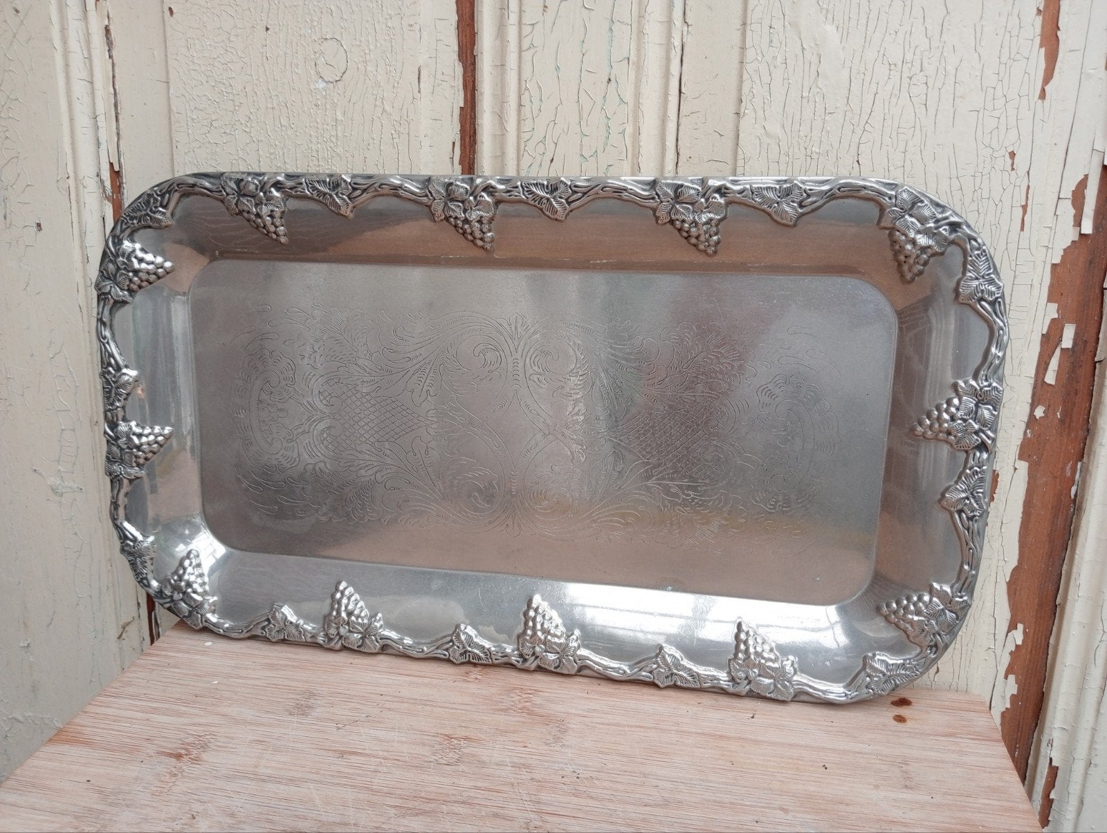 Rechthoekig metalen dienblad met druiventrossen, Ophalen of Verzenden