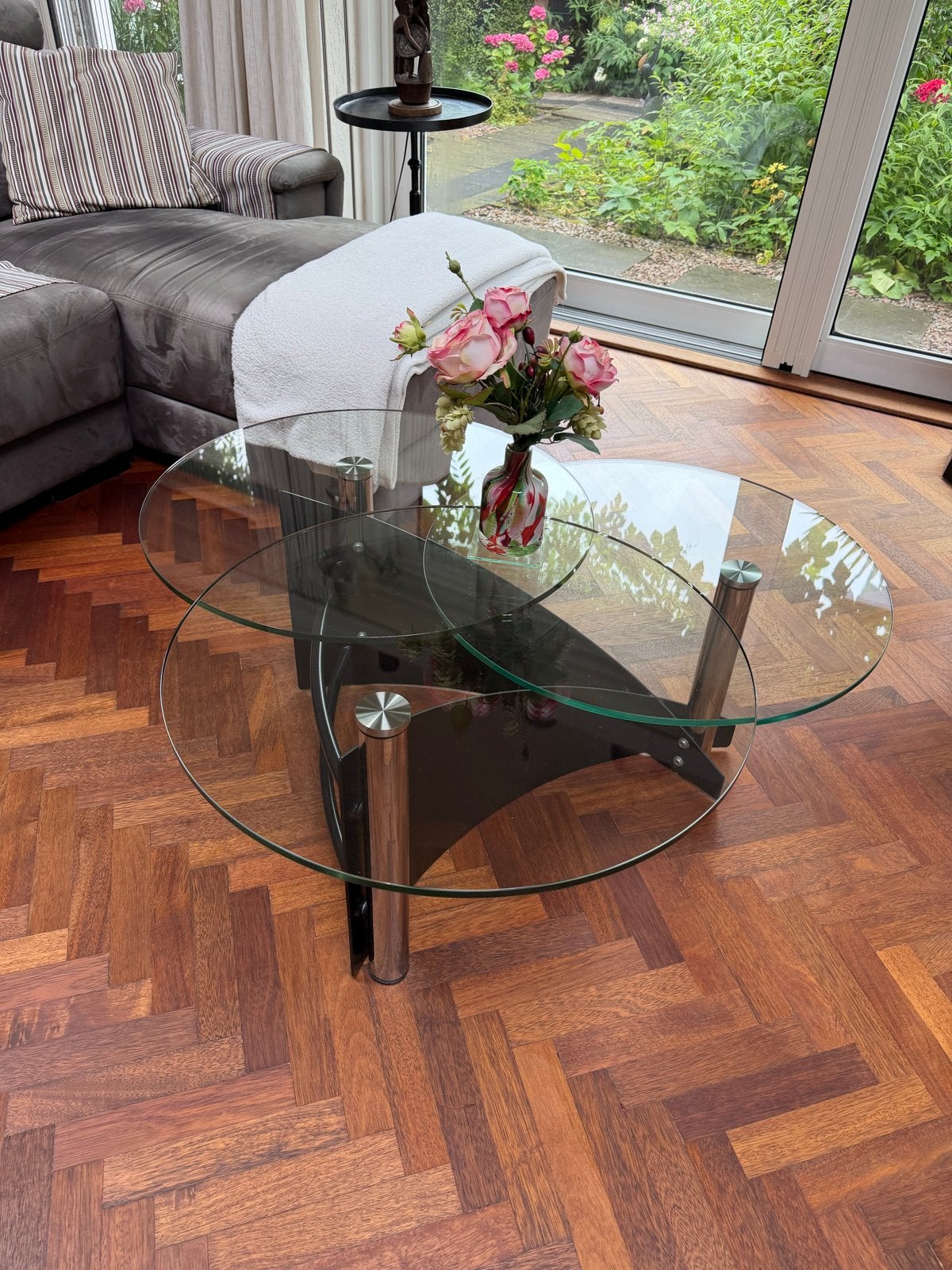 Glazen salontafel met draaibare bladen, Ophalen, Rond, 50 tot 100 cm, 5 – 50