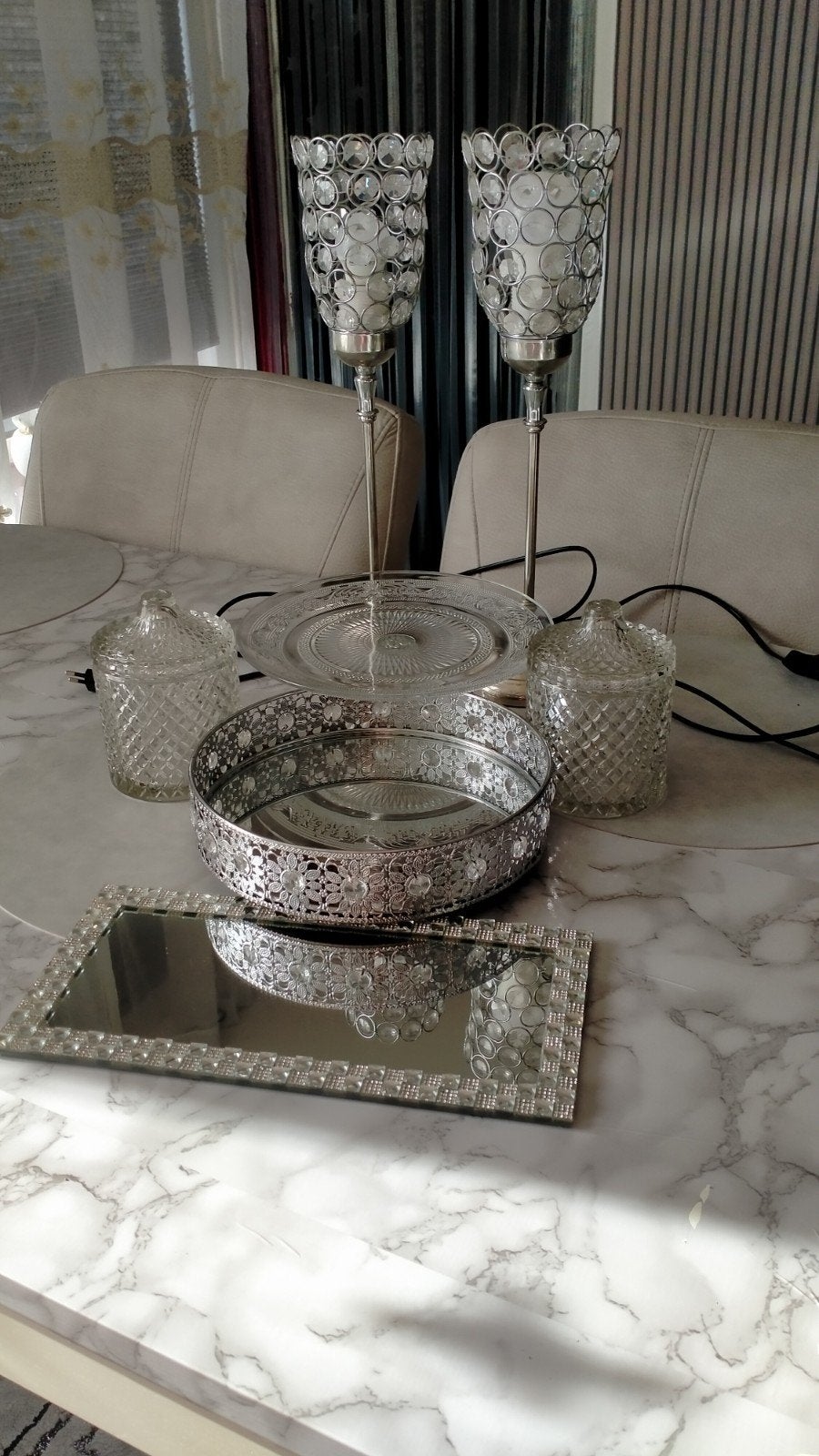 Decoratieve set: 2 lampen, 2 potten, 2 schalen, Gebruikt, Ophalen of Verzenden, Modern, Glas