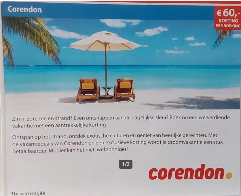 Corendon € 60,- korting per boeking, Tickets en Kaartjes, Kortingen en Cadeaubonnen, Drie personen of meer, Kortingsbon, Overige typen
