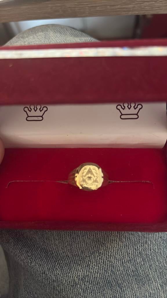 14K Gouden zegelring met vrijmetselaar symbool, Verzenden, 19 tot 20, Zo goed als nieuw, Dame of Heer