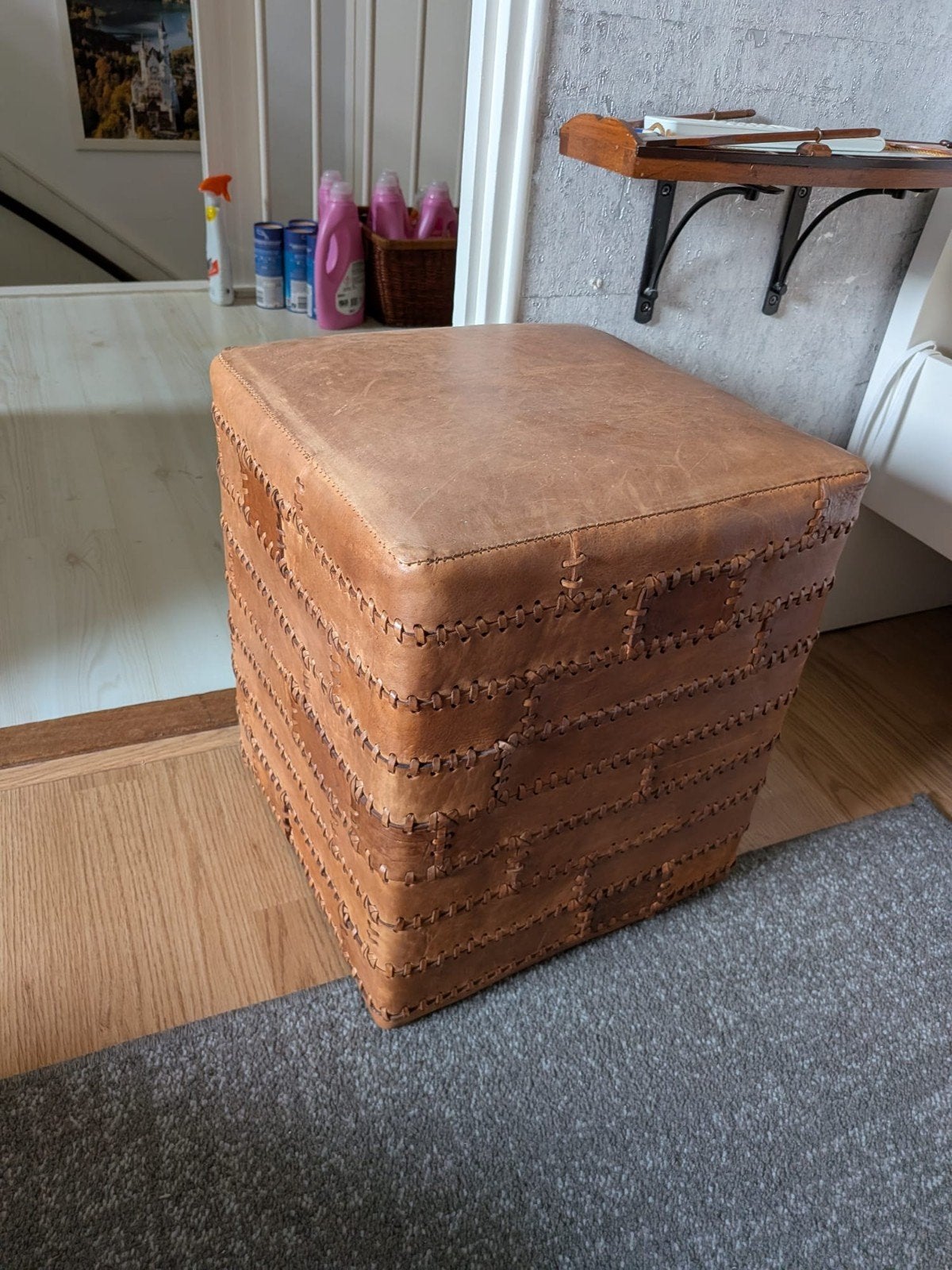 leren  poef, Ophalen, Minder dan 50 cm, Rond, Minder dan 50 cm