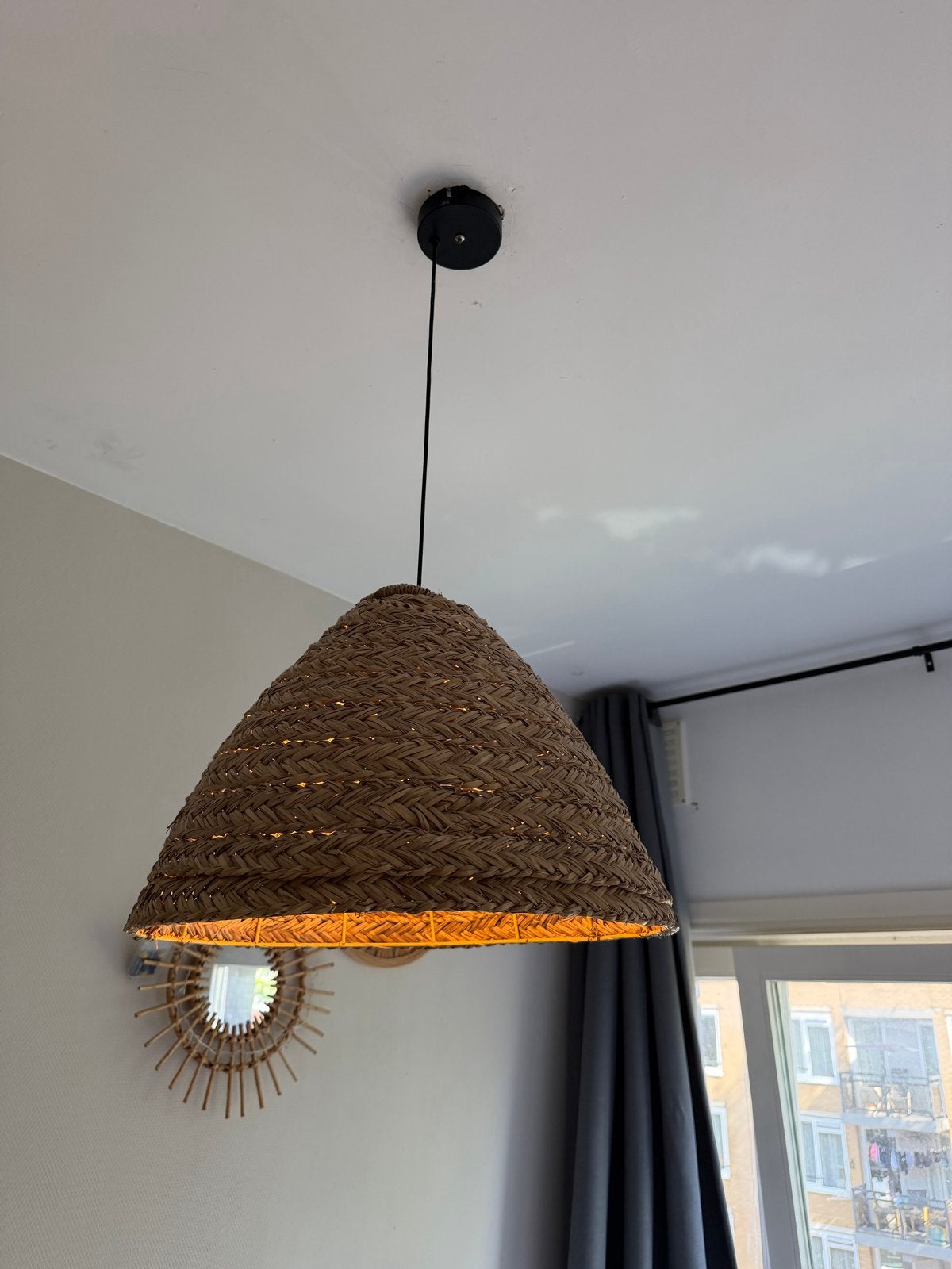 Rotan hanglamp, rieten lamp, boho lamp, Ophalen, Zo goed als nieuw, Natuurlijk materiaal, E27 (groot)