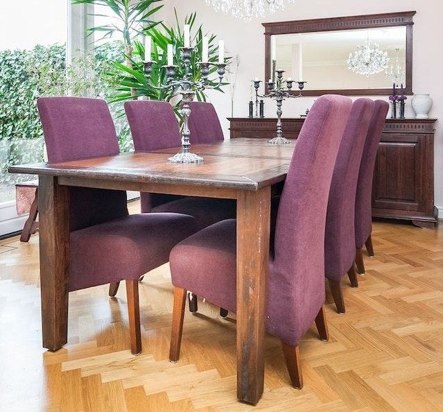 Eethoek - massieve koloniale tafel met 6 stoelen, Ophalen, Zo goed als nieuw, Koloniaal massief hout, 4 tot 6 stoelen