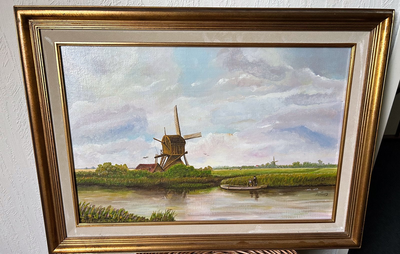 Schilderij landschap met molen en bootje, Antiek en Kunst, Kunst | Schilderijen | Klassiek, Ophalen, Landschap, Doek