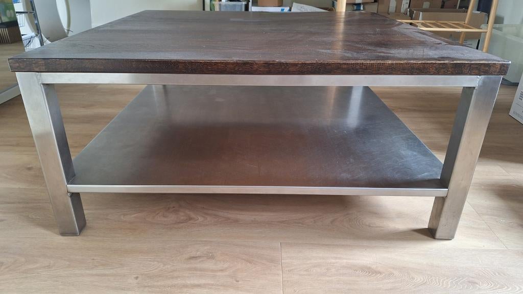 Salontafel met houten blad en rvs onderstel, Ophalen, Gebruikt, 50 tot 100 cm, Vierkant