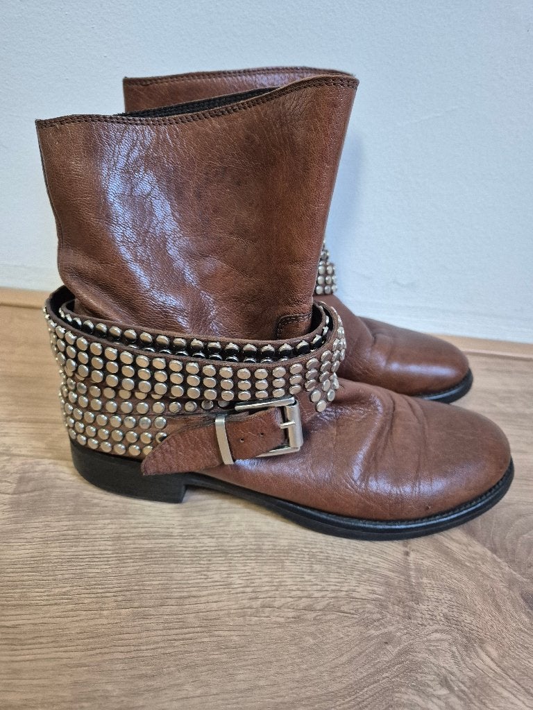 Sch128 - Bruine leren handmade laarzen maat 39 (1), Ophalen of Verzenden, Zo goed als nieuw, Bruin, Hoge laarzen