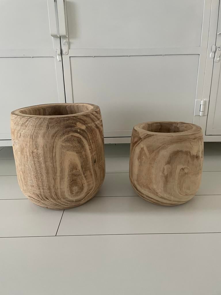 Mica Decorations grote houten bloempotten (set van 2), Rond, Ophalen of Verzenden, Zo goed als nieuw, Aardewerk