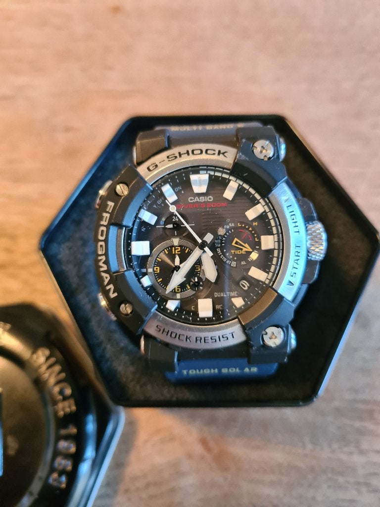 Casio GWF-A1000-1A2 Master of G-Sea Zilver/zw. blauwe band, Casio, Gebruikt, Staal, Polshorloge