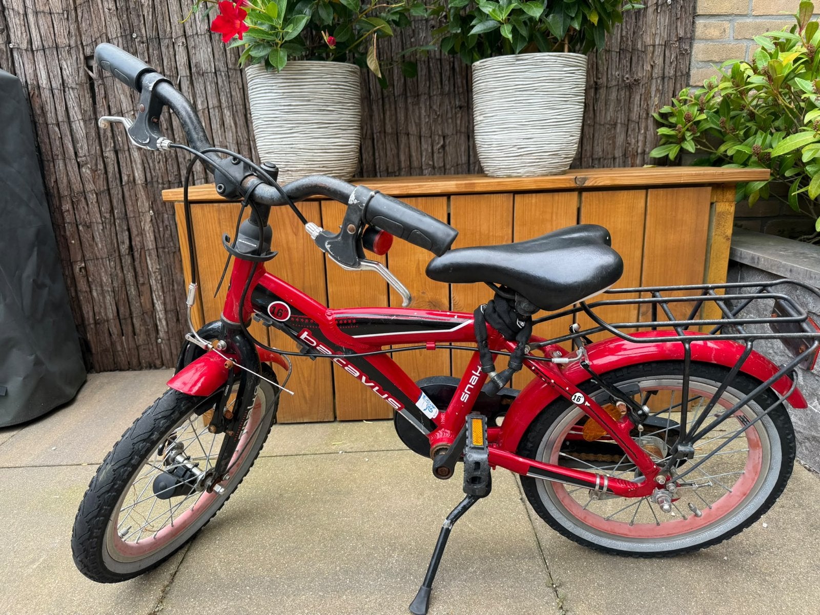 Batavus Snake kinderfiets rood - 16 inch incl zijwieltjes, Ophalen, Gebruikt, Terugtraprem, 16 tot 20 inch