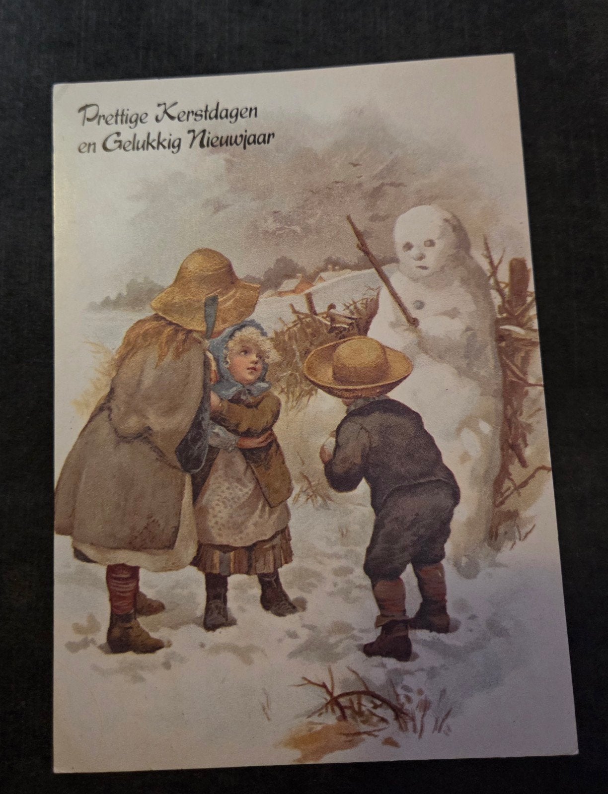 Vintage Kerstkaart: Kinderen en Sneeuwpop, Verzenden, 1960 tot 1980, Gelopen, Feest(dag)