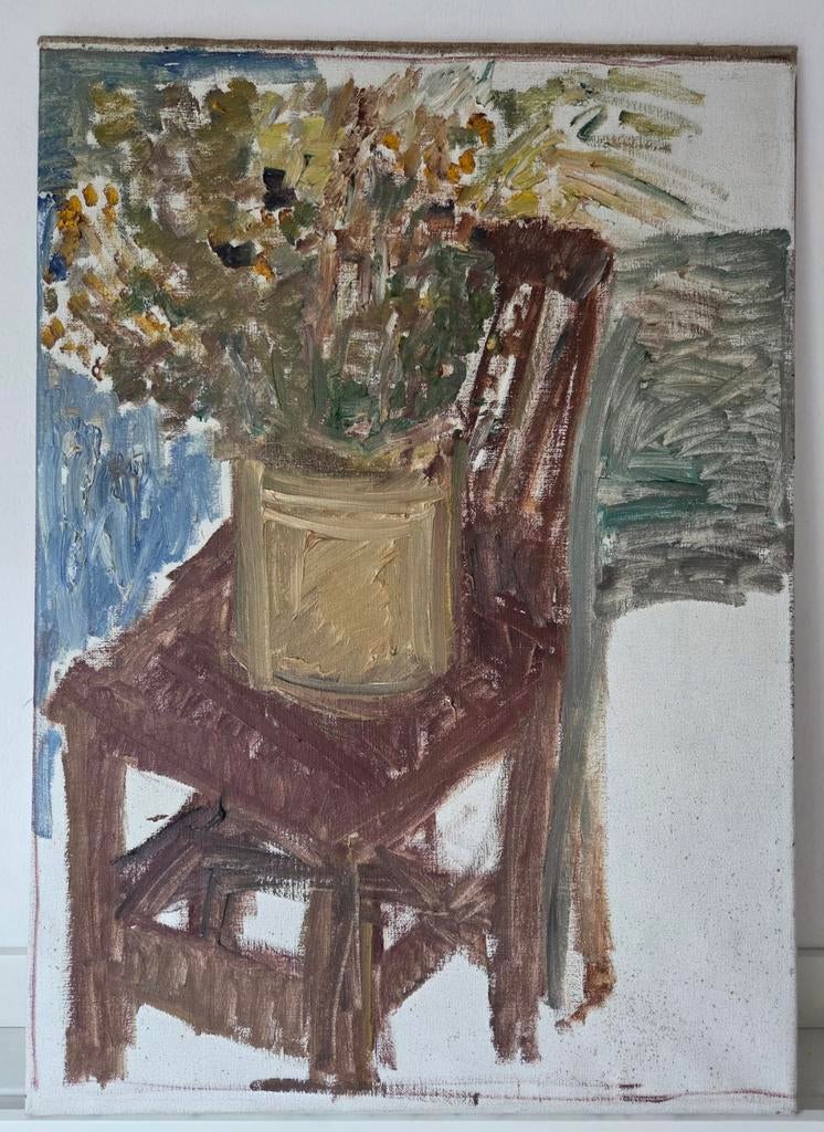 Stoel met bloemen. Olieverf op doek., Antiek en Kunst, Kunst | Schilderijen | Klassiek, Ophalen of Verzenden