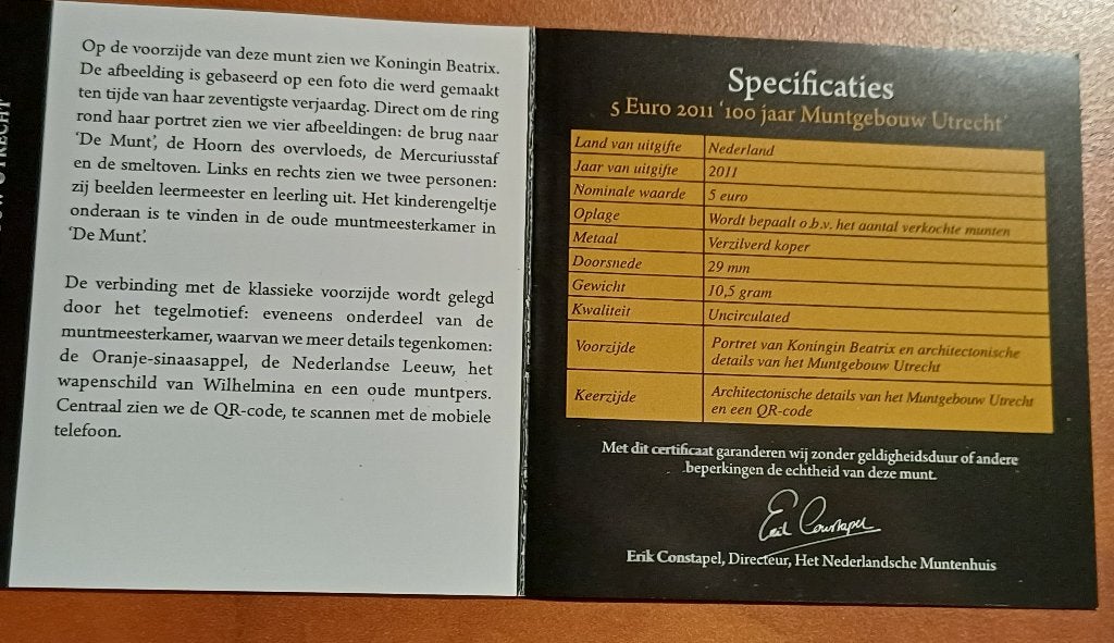 € 5munt 2011 100 jaar Muntgebouw., Postzegels en Munten, Ophalen of Verzenden, Koningin Beatrix, Euro's, Losse munt