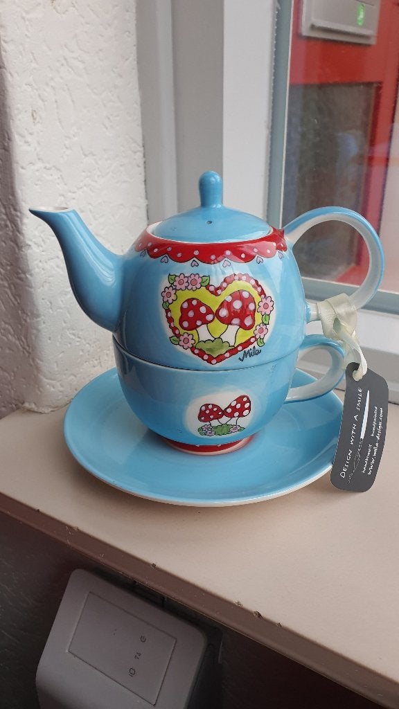 Mila Design Theepot Paddenstoelen Blauw Nieuw, Huis en Inrichting, Keuken | Servies, Nieuw, Overige typen, Overige stijlen, Ophalen of Verzenden