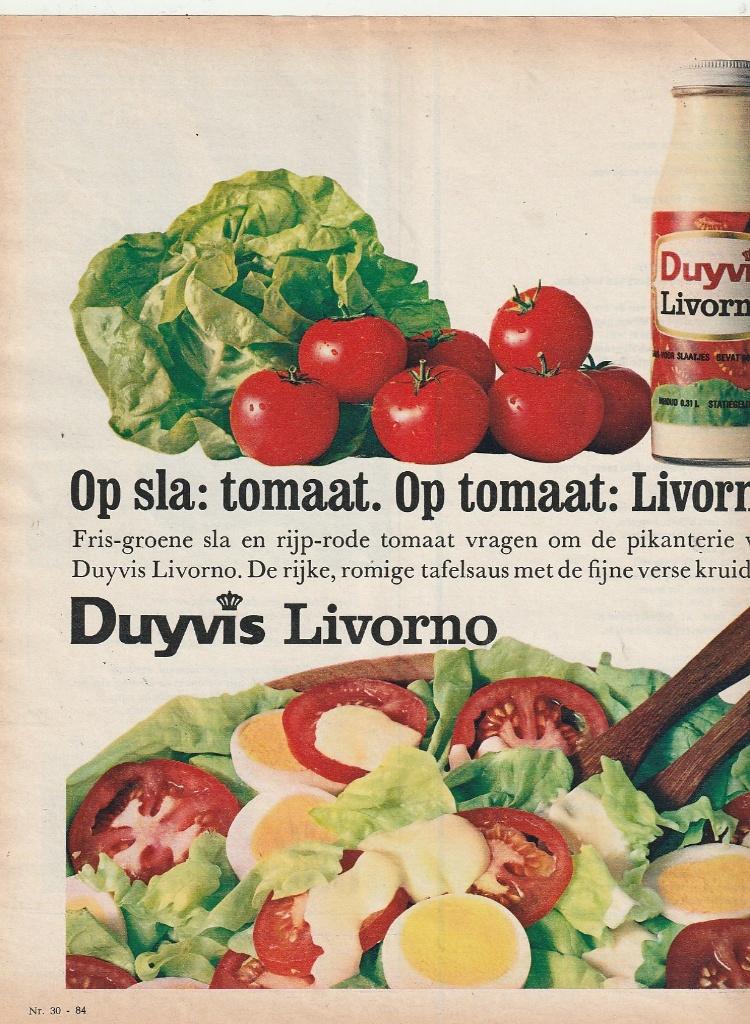 Retro reclame 1962 Duyvis Livorno op sla & tomaat, Verzamelen, Retro, Verzenden, Overige typen