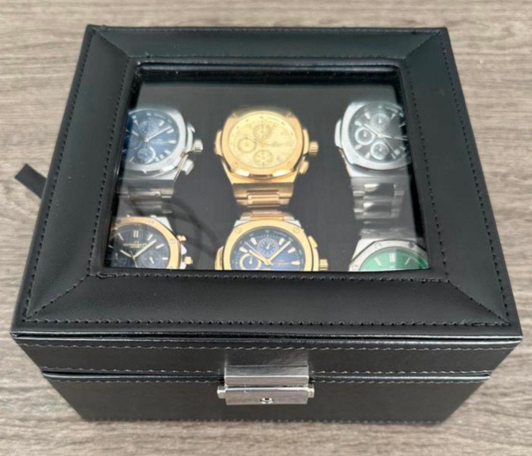LEDEREN ZWARTE HORLOGEBOX VOOR 6 HORLOGES! 💯%NIEUW!, Ophalen of Verzenden, Nieuw