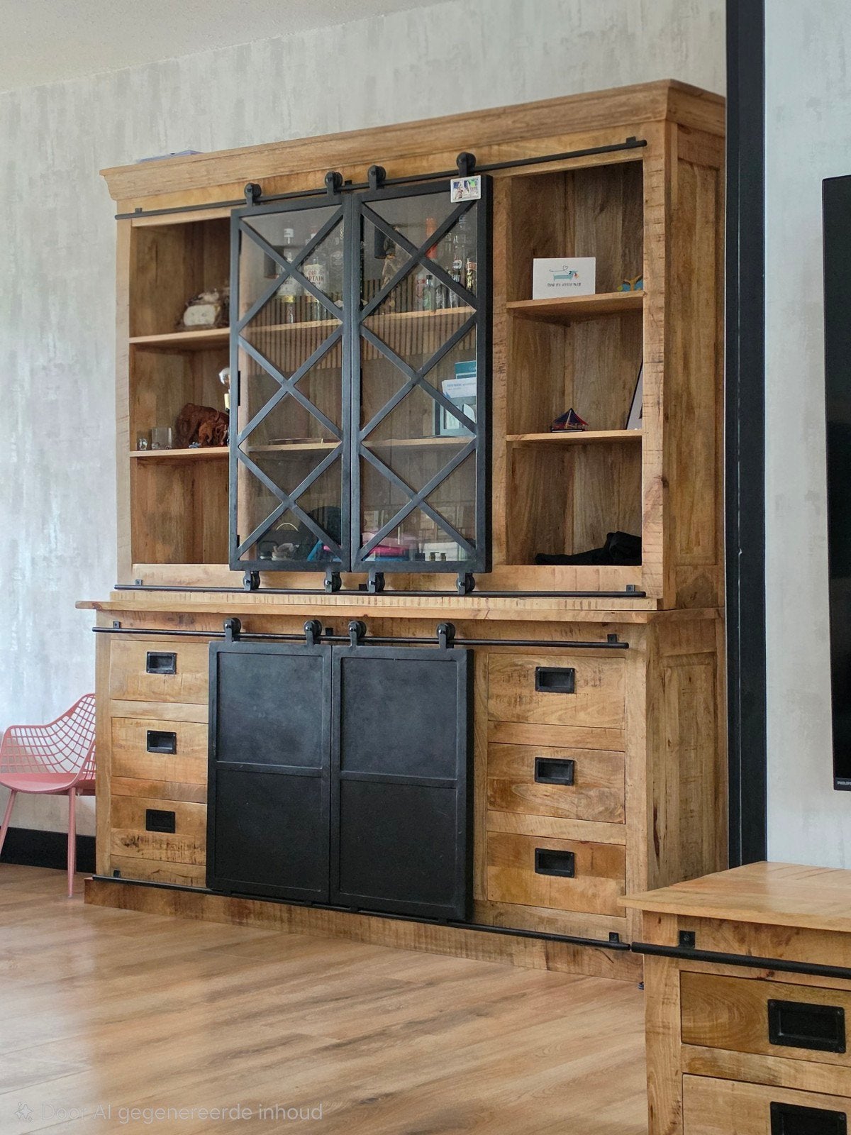 Industriële Mangohouten Kast met Vitrine en Dressoir, 200 cm of meer, Industrieel, Modern, Zo goed als nieuw, 200 cm of meer