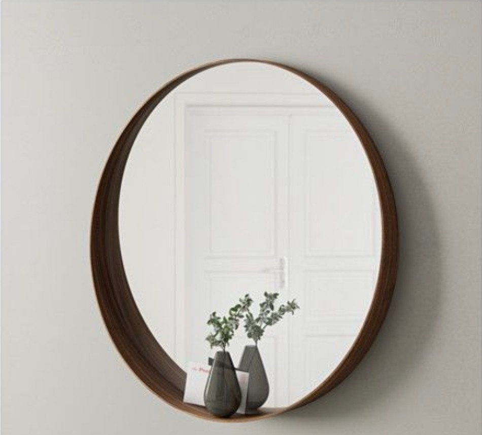 Ronde spiegel ikea, walnootfigneer, Ophalen of Verzenden, Zo goed als nieuw, Rond, 75 tot 100 cm