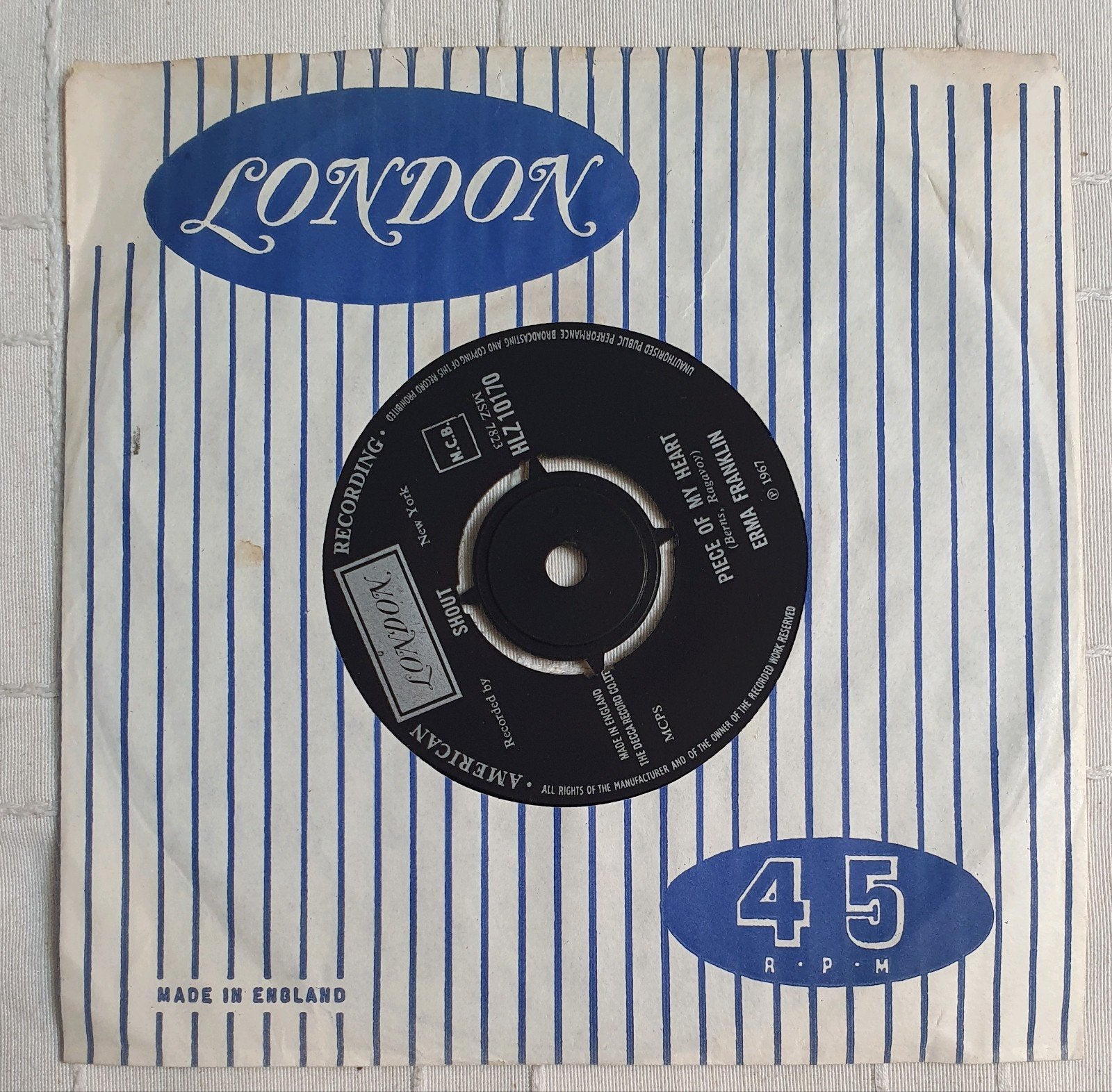 Vinyl 7" Erma Franklin - Piece of my heart - HLZ 10170 -1967, Verzenden, Gebruikt, R&B en Soul