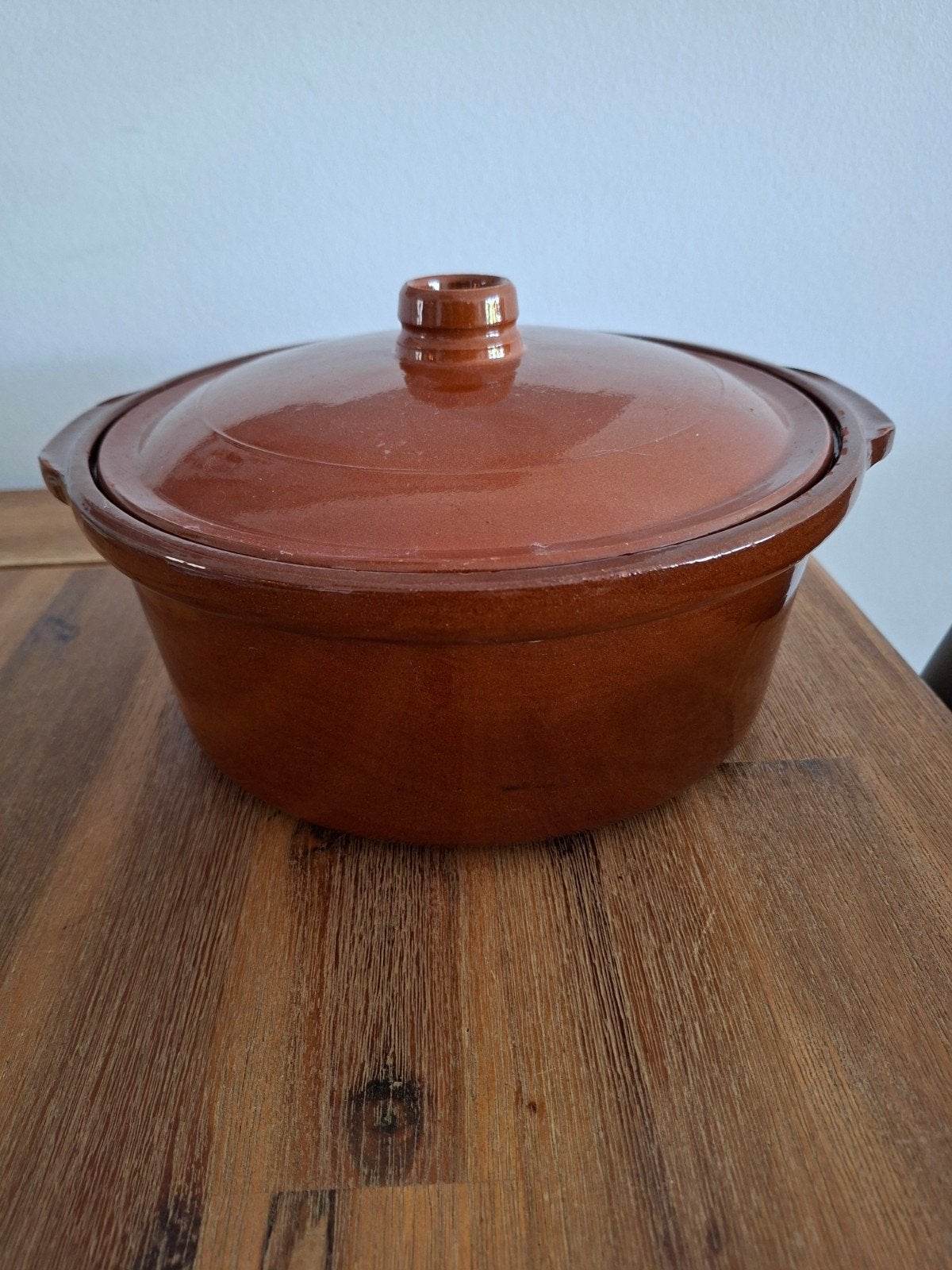 Vintage aardewerk stoofpan met deksel – bruin – ovenschaal, Huis en Inrichting, Keuken | Potten en Pannen, Ophalen of Verzenden