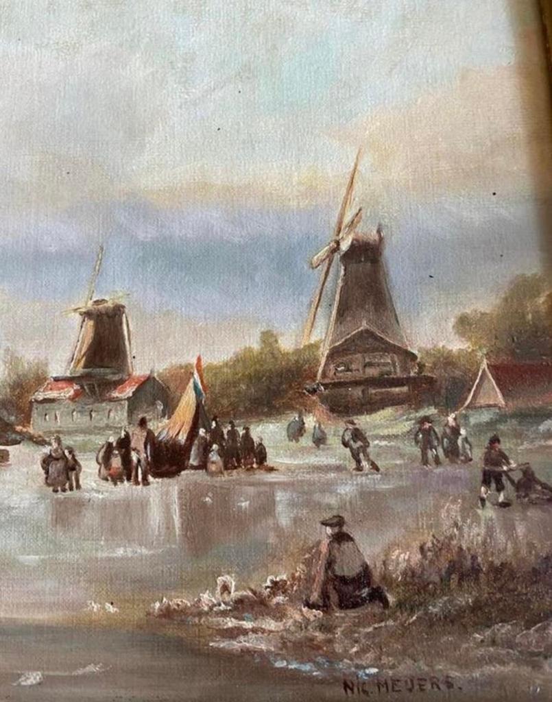 Antiek Hollands Winterlandschap Schilderij - N. Meijers, Antiek en Kunst, Kunst | Schilderijen | Klassiek, Ophalen of Verzenden
