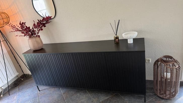 Zwart dressoir met lattenfront - 200 cm breed, Ophalen, Gebruikt, 150 tot 200 cm, 25 tot 50 cm