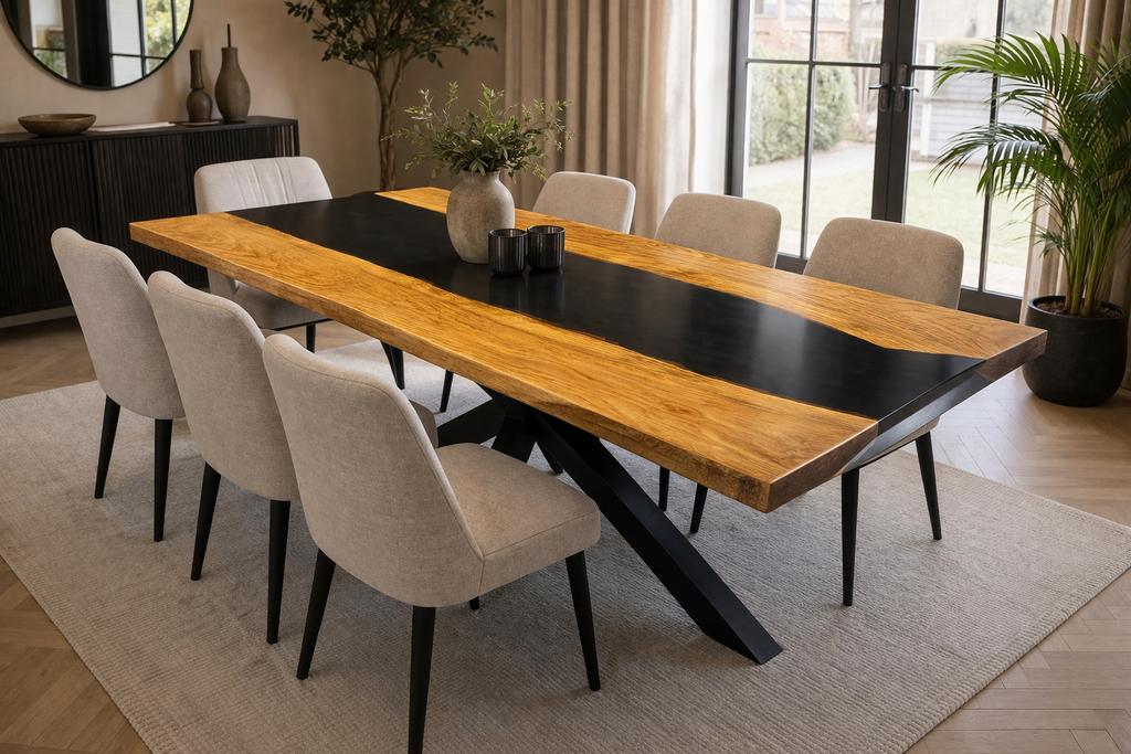 Eiken Epoxy Rivier Tafel – 180x90 cm – NU Scherp Geprijsd, Eikenhout, Zo goed als nieuw, Vijf personen of meer, 150 tot 200 cm