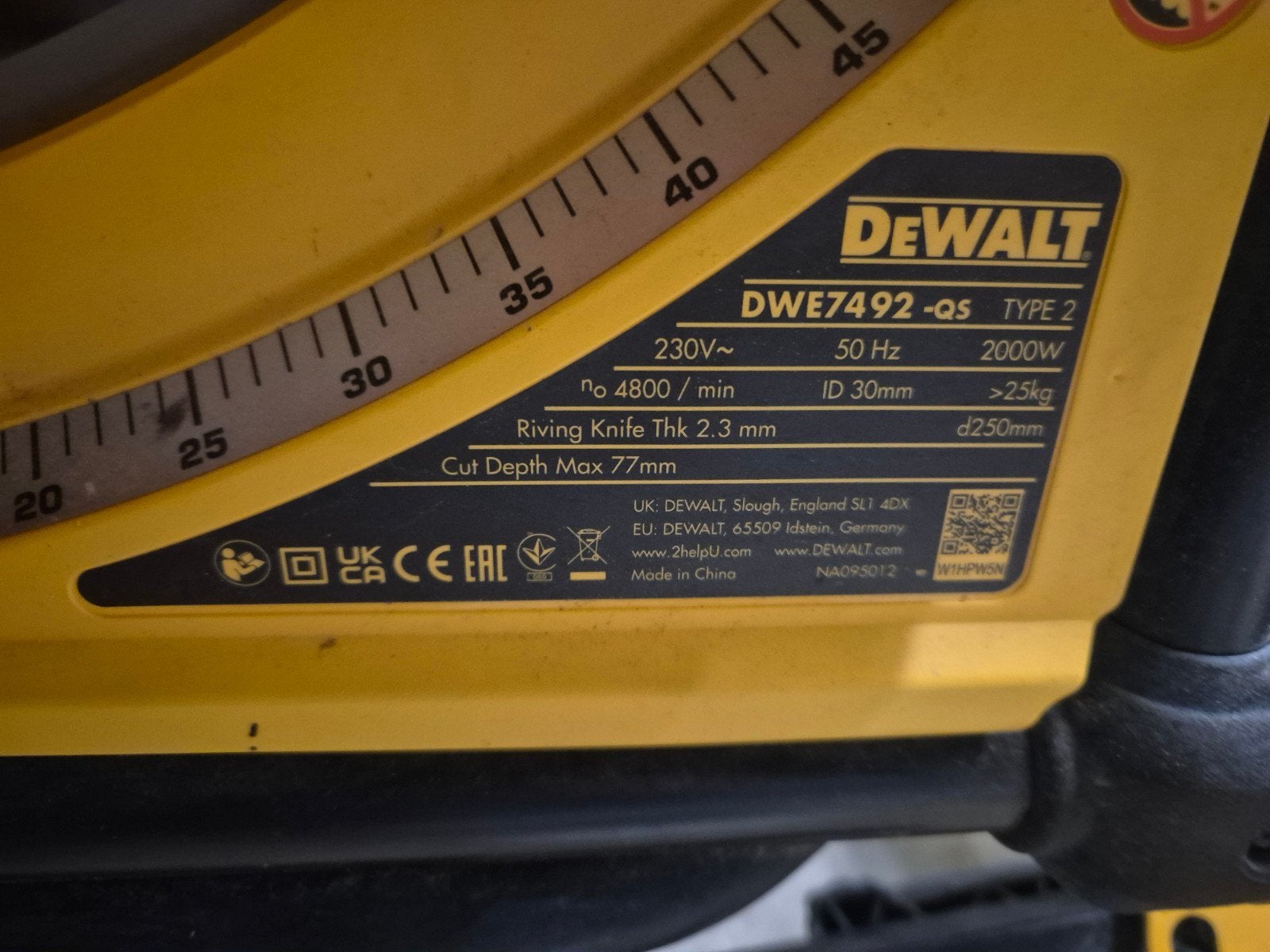 DeWalt DWE7492 Tafelzaag - Defect voor onderdelen/reparatie, Doe-het-zelf en Verbouw, Gebruikt, DeWalt, 70 mm of meer, Ophalen of Verzenden