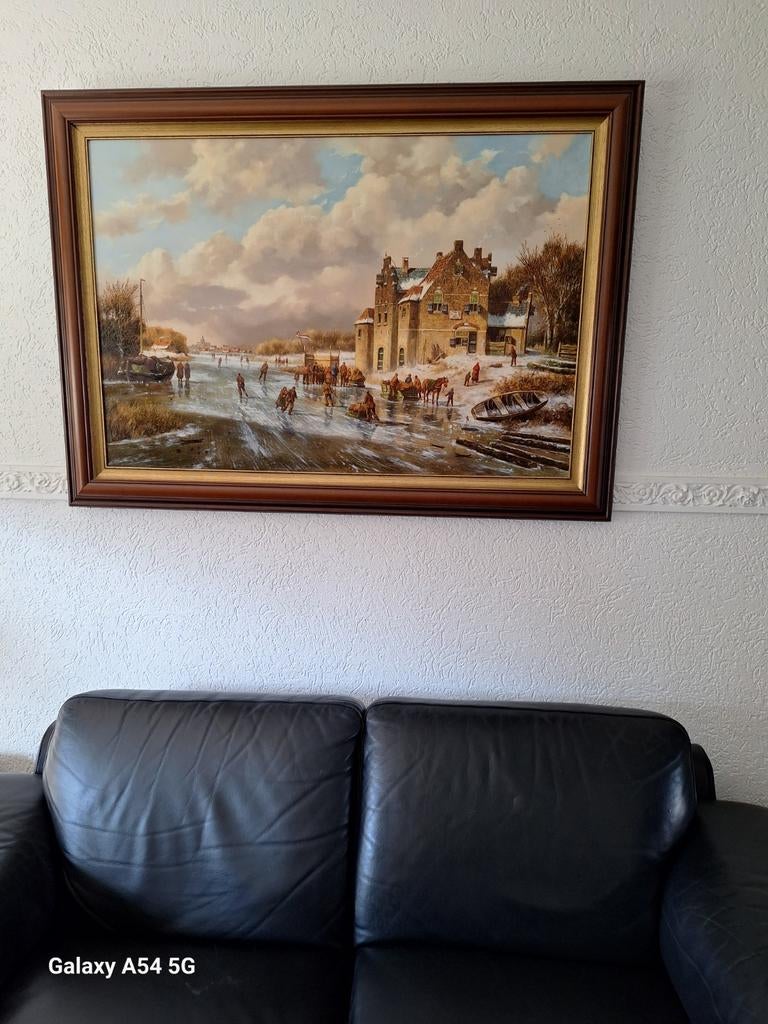 Schilderij Winterlandschap met Schaatsers - Gesigneerd, Ophalen of Verzenden