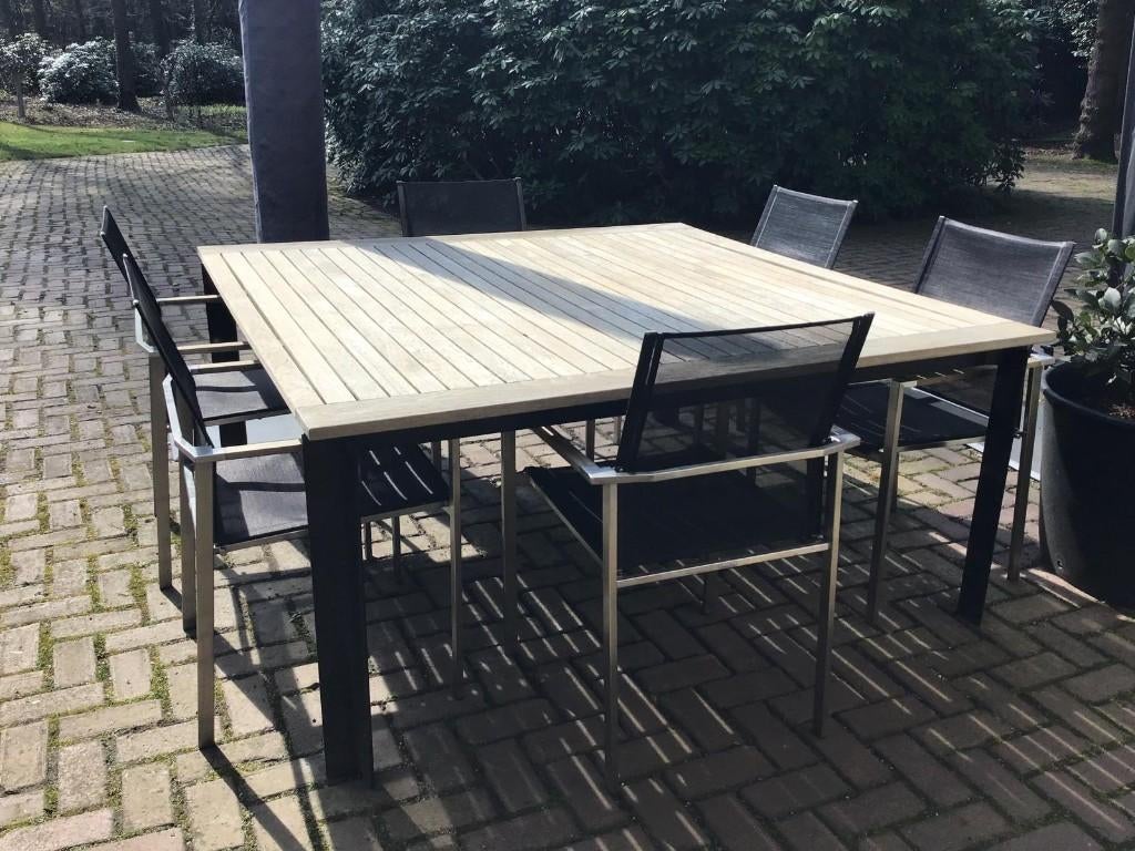 Val-Eur teak tafel met 6 Barlow Tyrie textyleen stoelen, Tuin en Terras, Ophalen, Gebruikt, 6 zitplaatsen, Teakhout