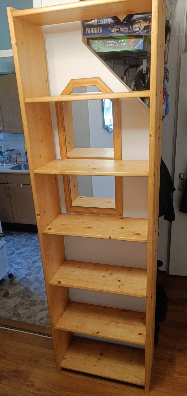 Mooie vintage grenen boekenkast / stellingkast (216x64 cm), Gebruikt, 25 tot 50 cm, 50 tot 100 cm, Ophalen of Verzenden