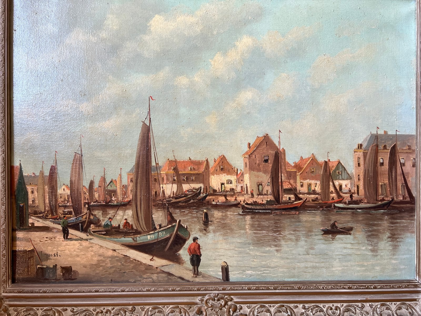 Olieverfschilderij stadsgezicht met boten, Ophalen, Doek, Oud hollands, Olieverf