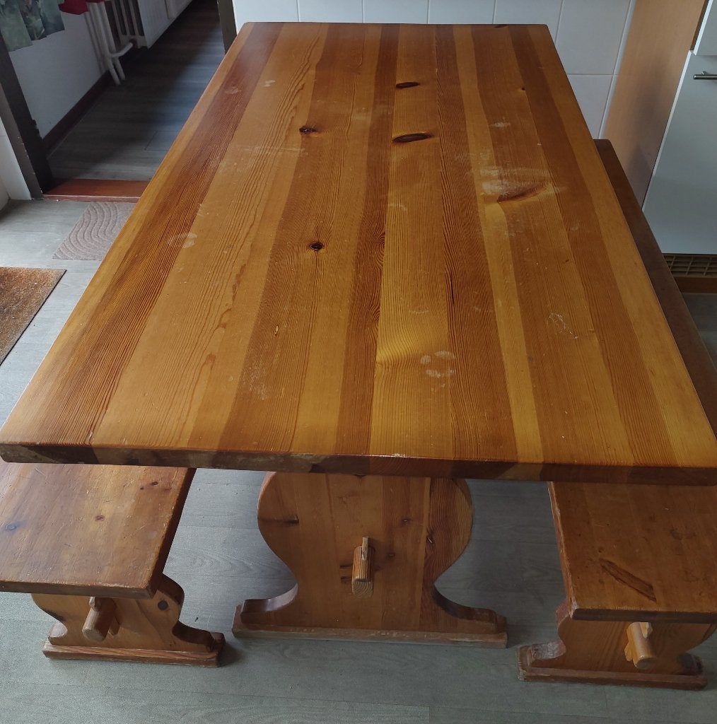 Houten eettafel met 2 banken, Ophalen, Gebruikt, 100 tot 150 cm, 50 tot 100 cm