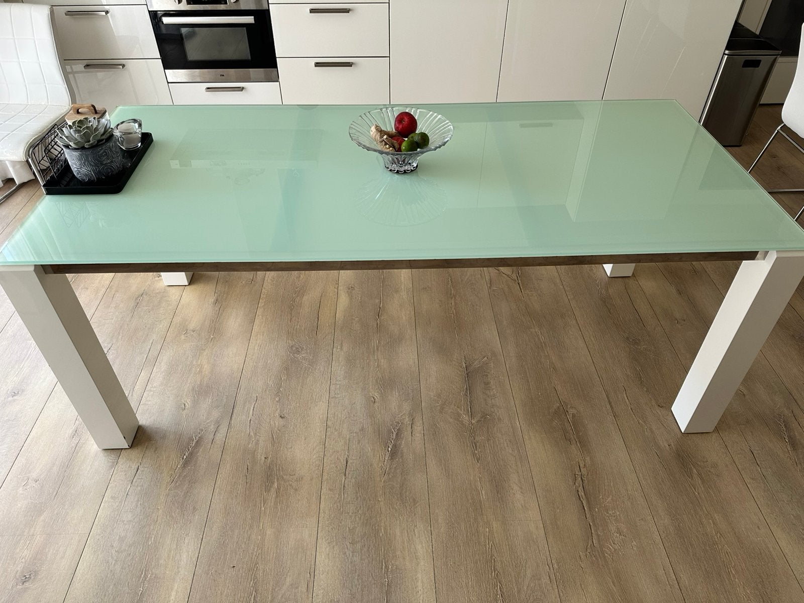 Moderne Eethoek (200x90) met 6 stoelen - Snel weg!, Huis en Inrichting, Tafels | Eettafels, Ophalen, Gebruikt, 50 tot 100 cm, Glas
