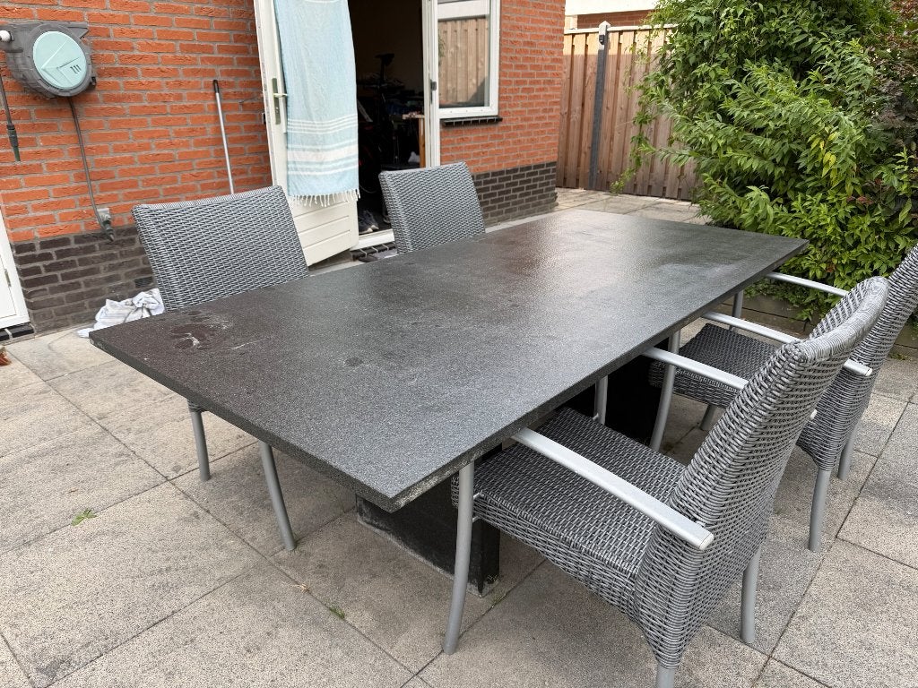 granieten tuintafel met 4 stoelen, Ophalen, Overige materialen, Gebruikt, 6 zitplaatsen