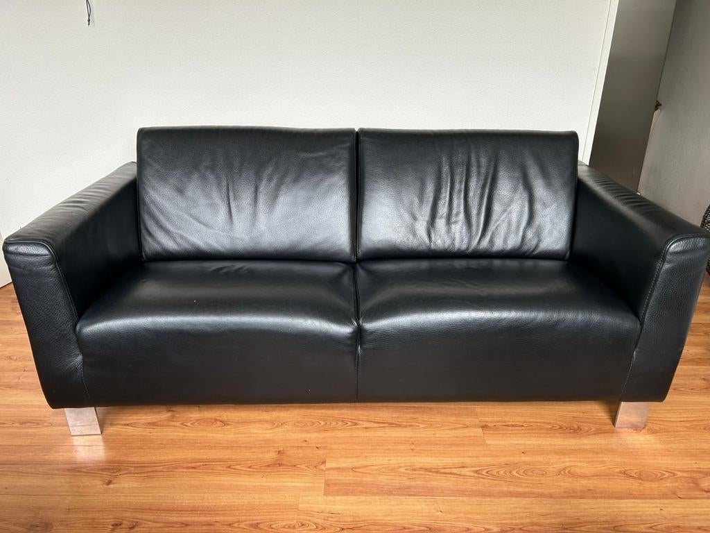 Zwarte leren tweezitsbank - 185x90x65 cm, Huis en Inrichting, Banken | Bankstellen, Gebruikt, 150 tot 200 cm, Tweepersoons, Ophalen of Verzenden