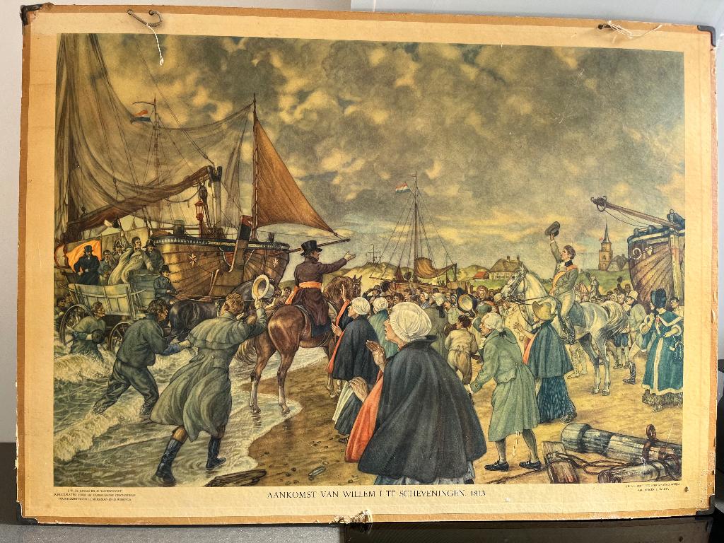 Antieke schoolplaat"Aankomst van Willem I in Scheveningen", Antiek en Kunst, Antiek | Wandborden en Tegels, Ophalen