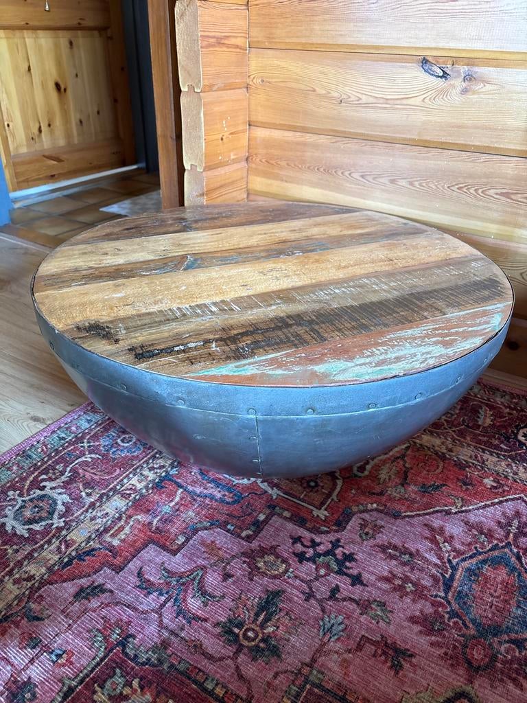 Salontafel met houten blad en metalen onderstel, Ø 75 cm, Huis en Inrichting, Tafels | Salontafels, Ophalen, Rond, 50 tot 100 cm