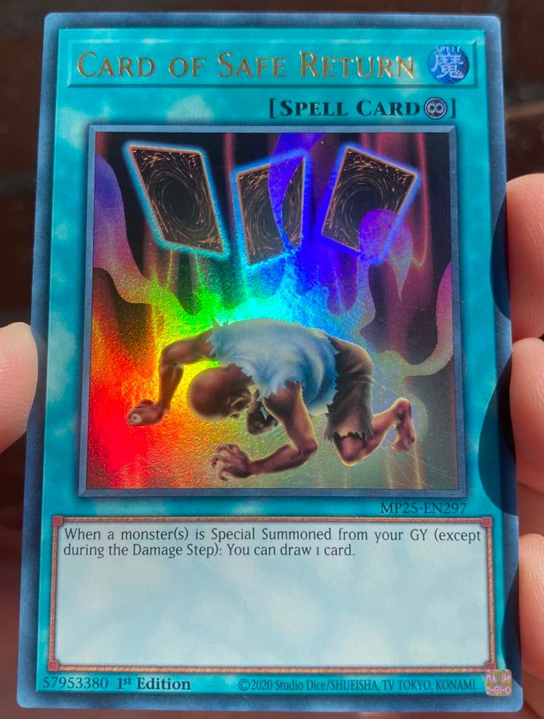 Yu-Gi-Oh! Card of Safe Return MP25 1st Edition !, Ophalen of Verzenden, Zo goed als nieuw, Losse kaart, Foil