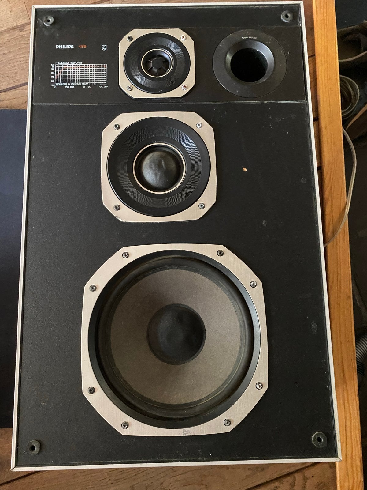 Philips 489 Drie-weg Boxen - Vintage Speakers, Ophalen, Gebruikt, Front, Rear of Stereo speakers, Philips