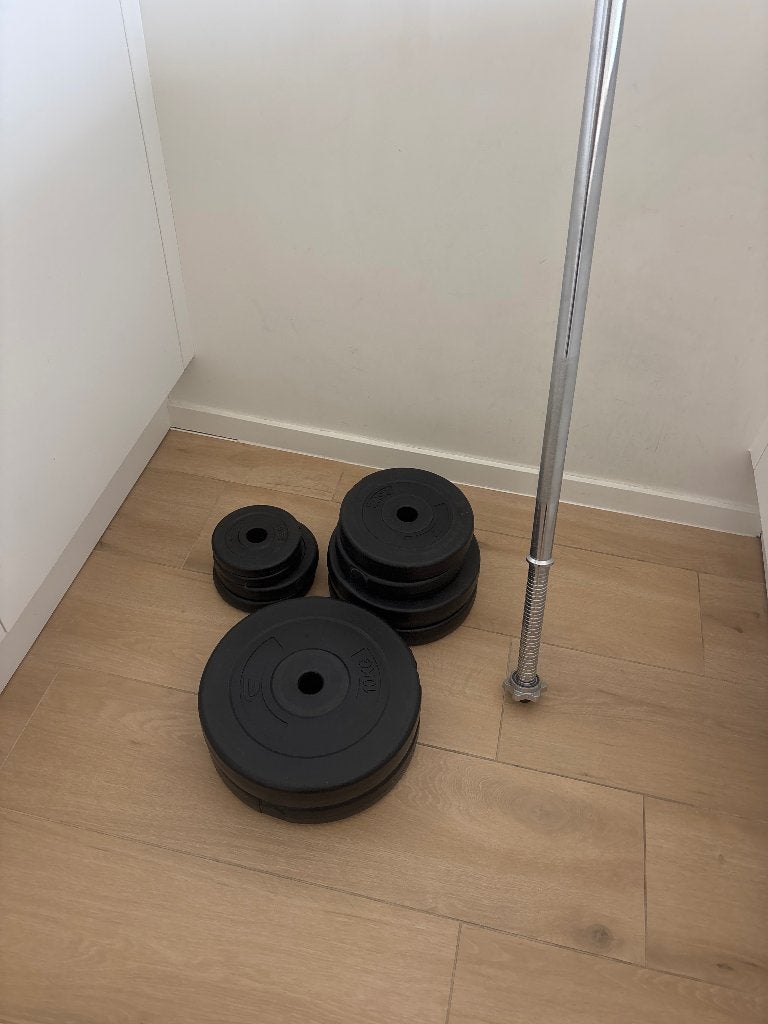 Barbell met plates totaal 38,5kg, Ophalen, Gebruikt, Armen, Halterstangen