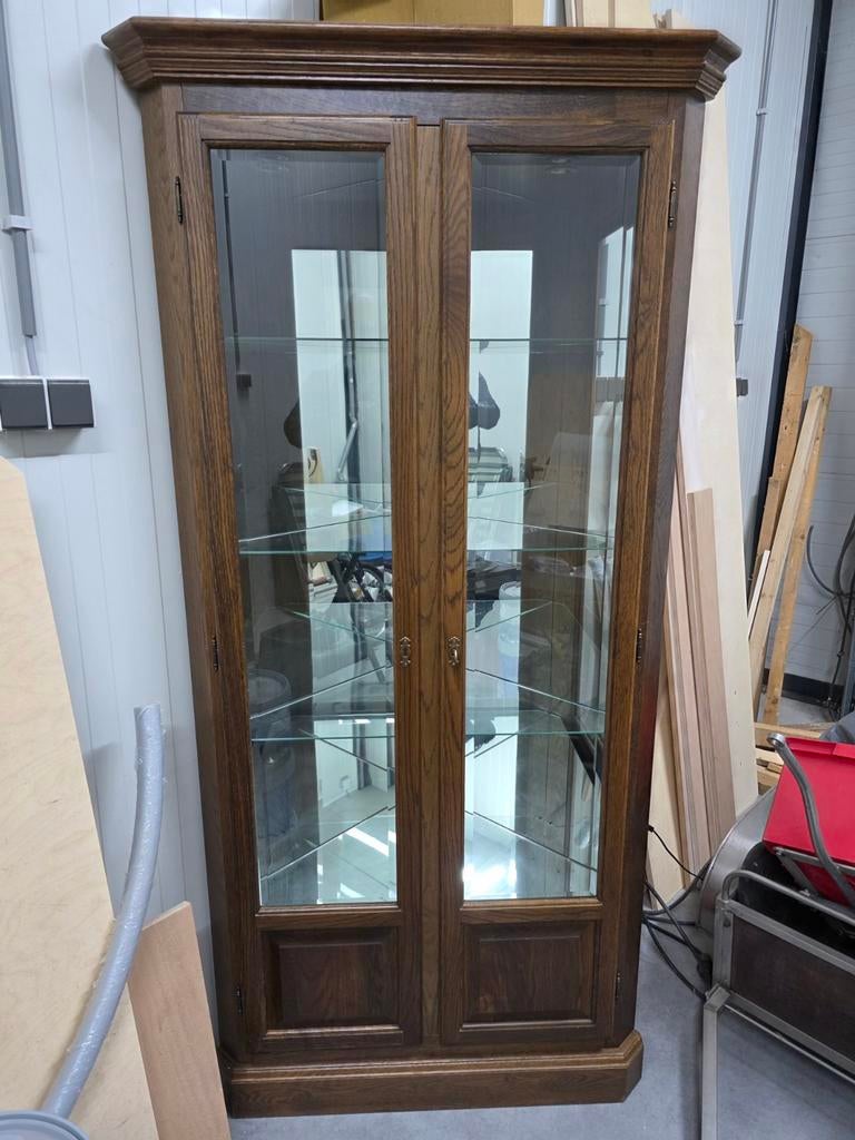 Donker Eiken Hoekkast Vitrine met Glazen Deuren, Ophalen, Glas, Klassiek, 50 tot 100 cm