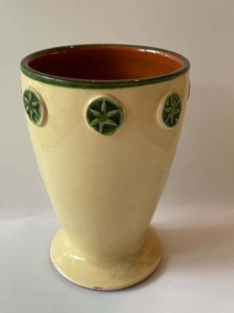 Vintage vaas / bloempot. Glazuur aardewerk. Beige met groen, Ophalen