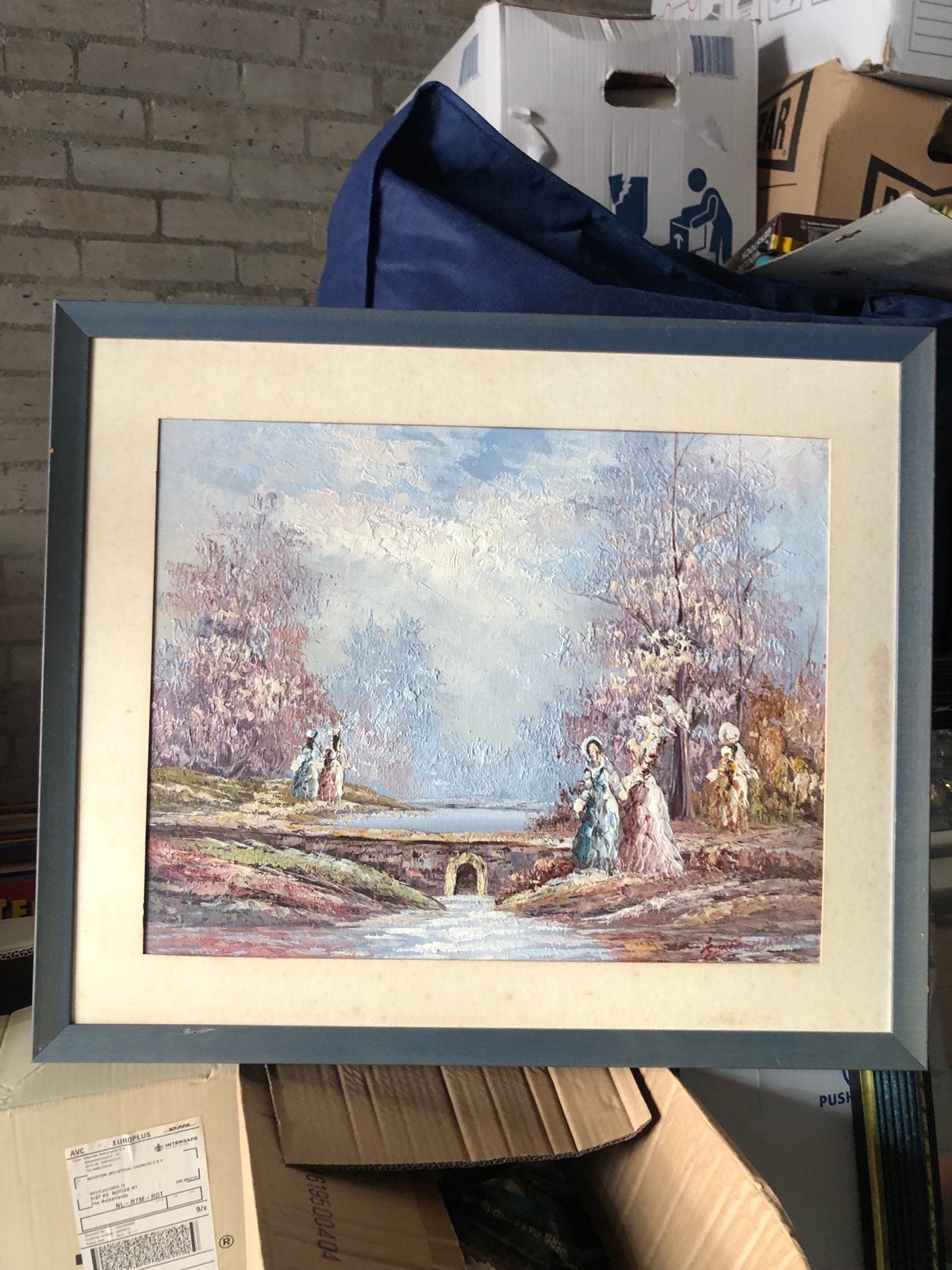 Schilderij met landschap en figuren, gesigneerd, Antiek en Kunst, Ophalen, Doek, Gesigneerd, Landschap