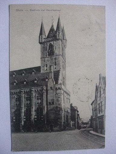 R53 Sluis - Stadhuis met Kapellestraat - 1908, Verzenden, Voor 1920, Gelopen, Zeeland
